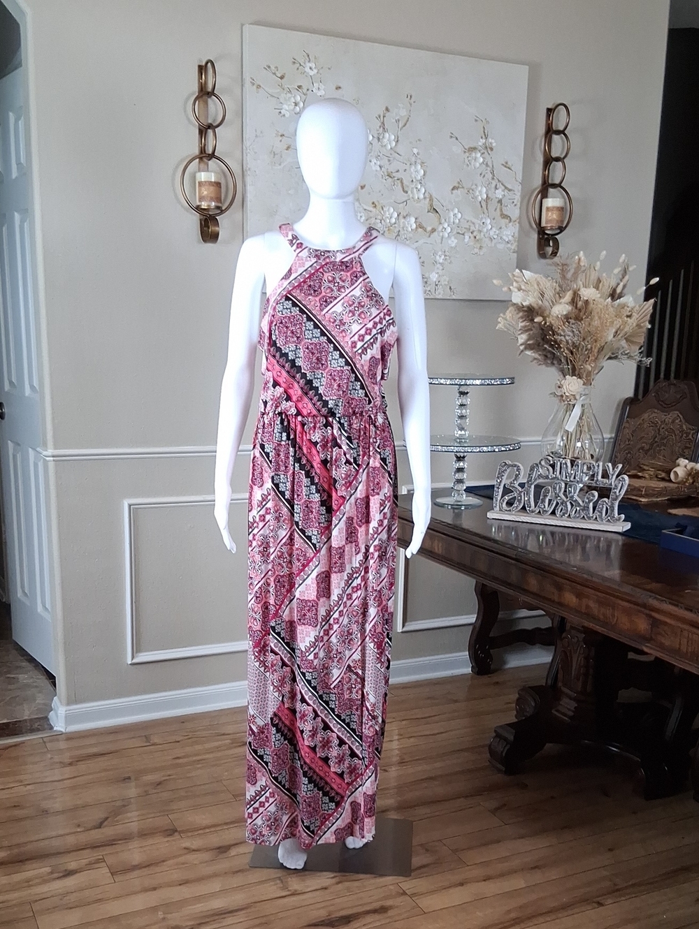 Trixxi Women's Halter Pink Multi Boho Maxi Dress Size Large Summer Dress - Picture 5 of 14